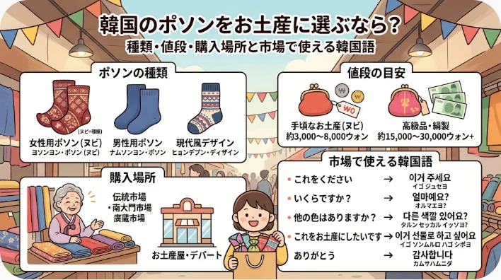 お土産として韓国の靴下を購入する際の図解ガイド。種類、相場、購入場所、市場での便利な韓国語フレーズを紹介しています。.