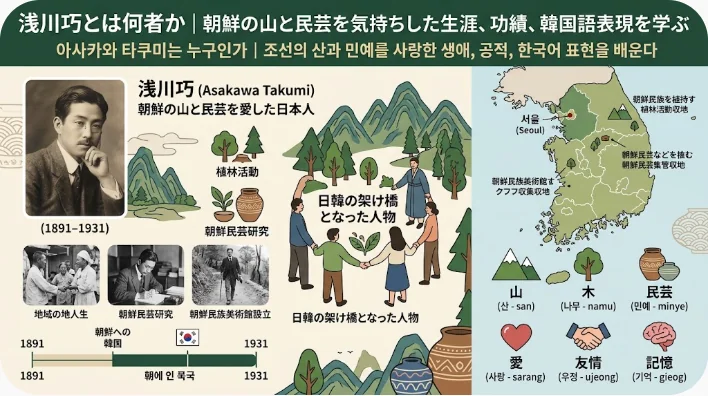 浅川巧（1891–1931）に関するインフォグラフィック。彼の生涯、業績、および韓国文化への貢献を描き、日本語と韓国語のテキスト、イラスト、年表の要素が含まれている。.