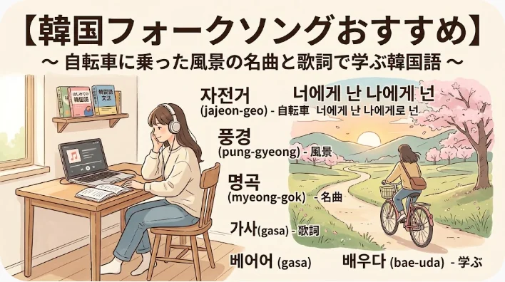 机に向かってヘッドホンで音楽を聴いている女性のイラスト。韓国民謡や語学学習に関する韓国語と日本語の単語とその意味が添えられている。.