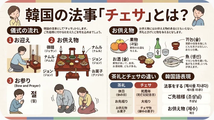 このインフォグラフィックでは、韓国の先祖供養の儀式「チェサ」について、儀式の流れや果物・飲み物などの代表的な供え物、そしてチェサと茶道との違いを、イラストや説明文を用いて解説しています。.