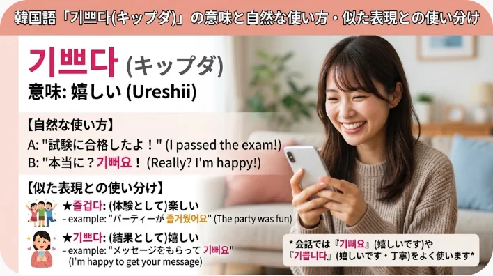 ある女性がスマートフォンを見ながら微笑んでいる。その横には、韓国語の「기쁘다」（キッペウダ）という単語（「嬉しい」という意味）について、日本語と韓国語の解説文と使用例が記載されている。.