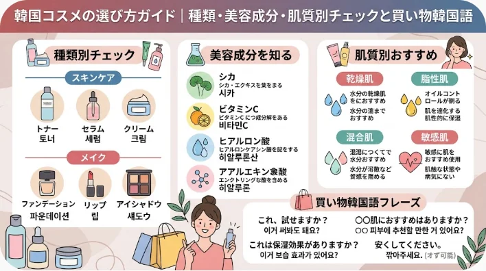 韓国コスメの選び方に関する日本語のインフォグラフィック。製品の種類、スキンケア成分、肌タイプ、買い物時のフレーズなどを、関連するアイコンや製品・人物のイラストとともに紹介しています。.