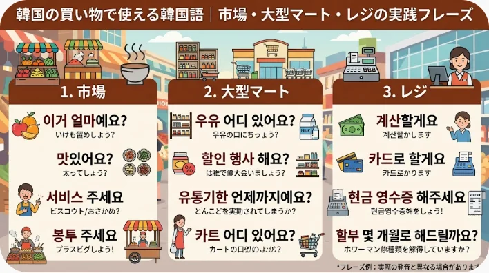 市場、スーパーマーケット、レジの各場面ごとに分類された、韓国語の買い物フレーズとその訳文を掲載した図解ガイド。関連する漫画風のイラストやアイコンも併せて掲載されています。.