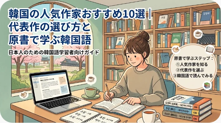 居心地の良い図書館の机で、本やノートパソコンを前にして、ある女性が韓国語を勉強している。周囲には本がぎっしりと並んだ本棚が立ち並んでいる。.
