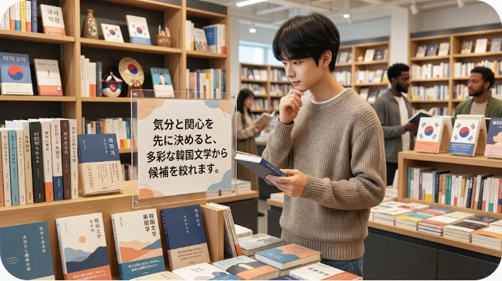 韓国の小説やエッセイがジャンル別に並ぶ書店の棚