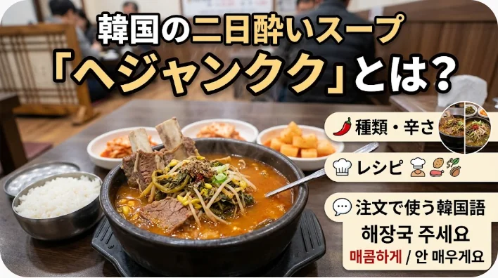 レストランのテーブルには、大きなボウルに入った韓国風の辛いスープや、さまざまなおかずが並んでおり、人々が食事を楽しんでいる様子が写っている。日本語と韓国語のテキストで、その料理の説明や注文のコツが紹介されている。.