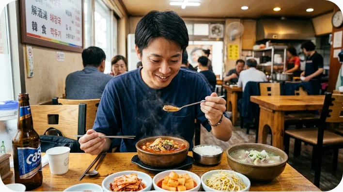 澄んだ魚のスープ、豆もやしスープ、豚の背骨スープ、牛肉と葉野菜のスープが並ぶ韓国料理の食卓