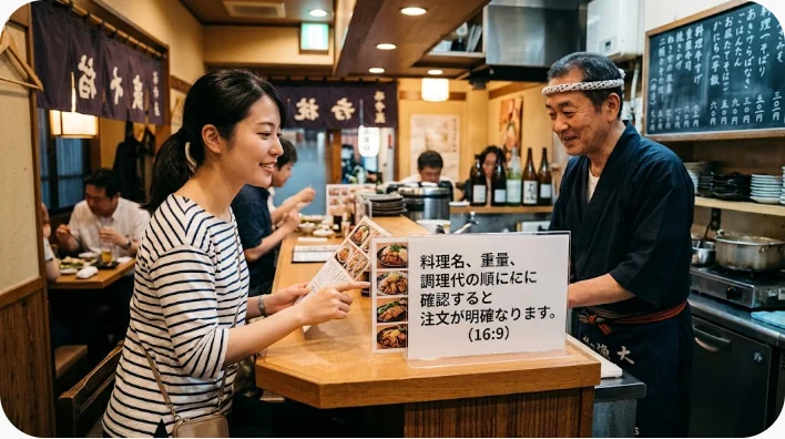 韓国の海辺の秋祭りで旅行者が店員に大型のエビ料理を注文している場面