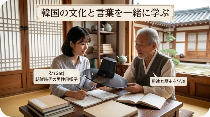博物館で朝鮮白磁と木製の膳を観察しながら韓国語を学ぶ成人学習者