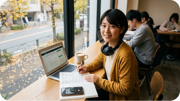 ヘッドホンで韓国の歌を聴きながらハングルを学ぶ日本人の成人学習者