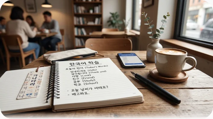 韓国語のノートとコーヒーカップが置かれた勉強机