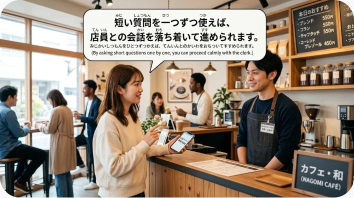 韓国の化粧品店で学習者が店員と話しながらクッションファンデーションの色を確認する場面