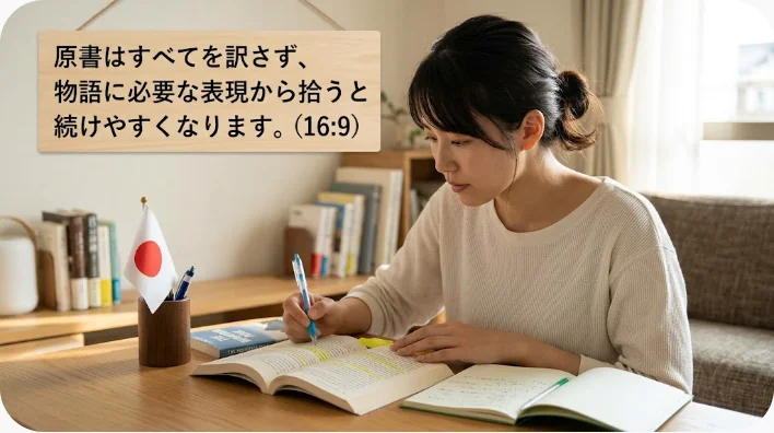 日本人の韓国語学習者が図書館で韓国語小説を音読し語彙を記録する様子