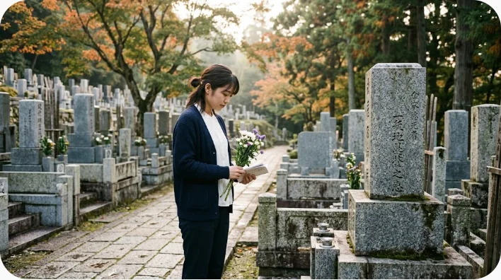 松の木に囲まれた忘憂里を思わせる墓地で静かに黙礼する韓国人と日本人の訪問者