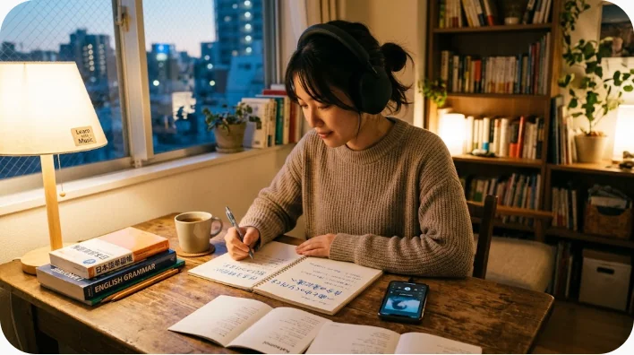 夕暮れの川辺で自転車を押しながら韓国フォーク音楽を聴く成人学習者