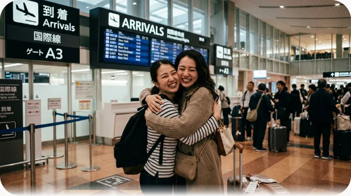 空港で久しぶりの再会を果たし抱き合う二人の女性