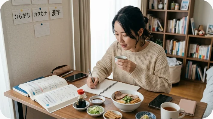 自宅で韓国コスメを一品ずつ試しながら肌状態と使用日を記録する学習者の様子