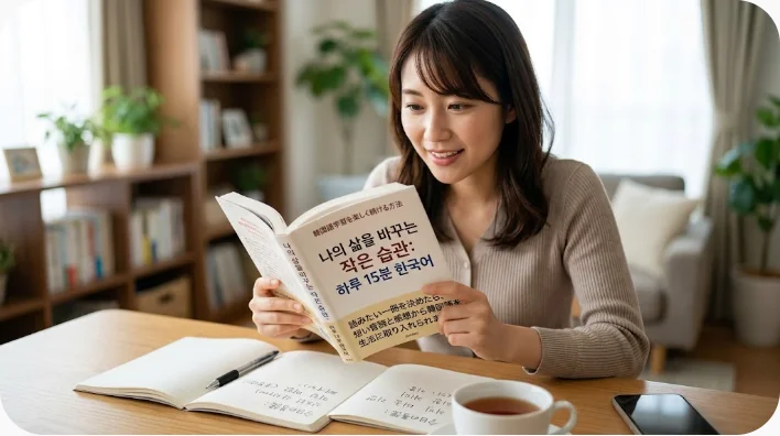 学習者が温かな書店で自分に合う韓国語の本を一冊選ぶ様子