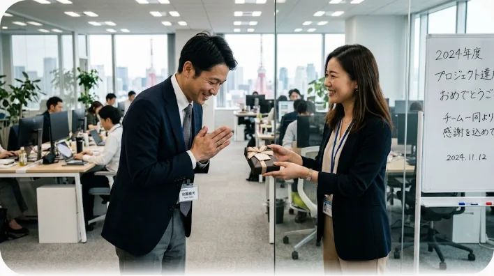 ビジネスオフィスでギフトボックスを受け取る男性