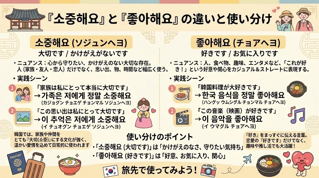 韓国語の「ソジュンヘヨ」（大切）と「チョアヘヨ」（好き）の違いを解説したインフォグラフィック。日本語の説明、例文、イラスト付きアイコンが掲載されています。.