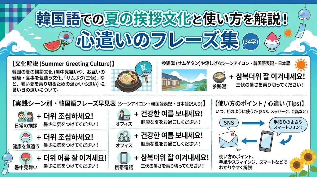 「韓国の夏の挨拶の文化と使い方」と題されたインフォグラフィック。文化的背景、さまざまな場面で使える定番のフレーズ、メッセージを送る際のヒントなどのセクションが掲載されています。.