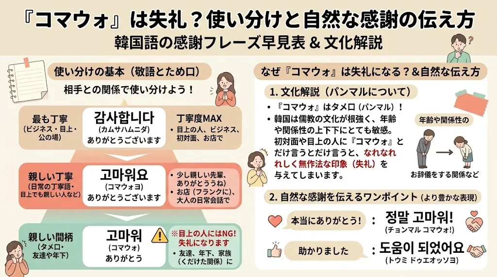 礼儀の度合いや社会的関係に基づいて、韓国語の感謝表現の適切な使い方を解説したインフォグラフィック。「コマウォ」が失礼とみなされる場合についてのヒントも含まれています。.