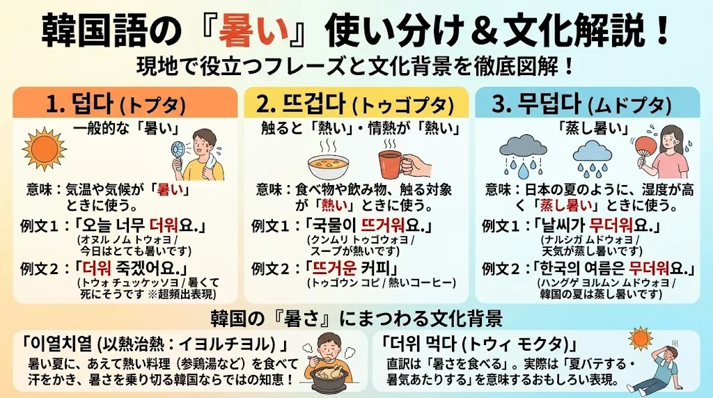「暑い」を表す3つの異なる韓国語の単語の使い方を解説したインフォグラフィック。例文や、夏の暑さに関連する文化的な表現も掲載されています。.
