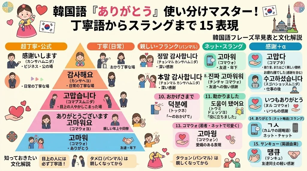 韓国語で「ありがとう」と言う15通りの表現を、礼儀の度合い、社会的状況、スラングごとに分類して解説した教育用インフォグラフィック。.