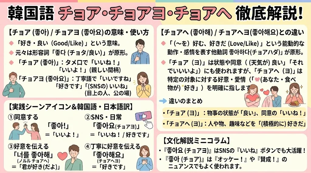 韓国語の「チョア」、「チョアヨ」、「チョアヘ」という単語の使い方やニュアンスを、例示のイラストとともに解説した、日本語の教育用インフォグラフィック。.