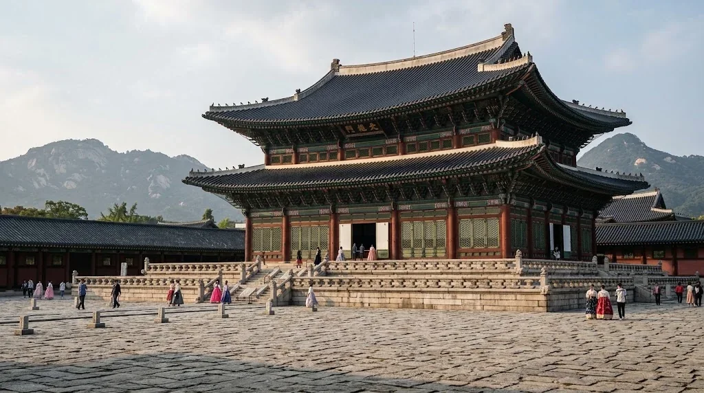 伝統的な韓国の韓服を着た人々が、景福宮の中庭を歩いている。.