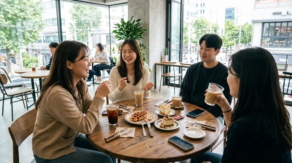 カフェの丸いテーブルに4人が座り、飲み物やデザートを前に、おしゃべりをしながら笑っている。.