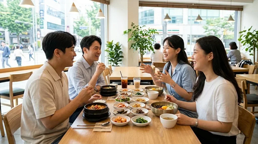 レストランのテーブルに腰を下ろした4人の友人が、さまざまな韓国のおかずや煮込み料理を囲んで食事を楽しんでいる。.