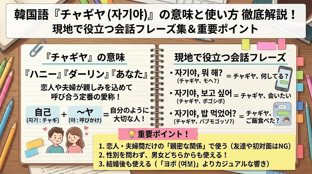 韓国語「チャギヤ」の意味と使い方!現地で役立つ会話フレーズ集の解説イメージ