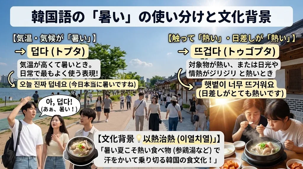 韓国語の「暑い」の使い分けと文化背景を解説!現地で役立つ会話フレーズ集の解説イメージ