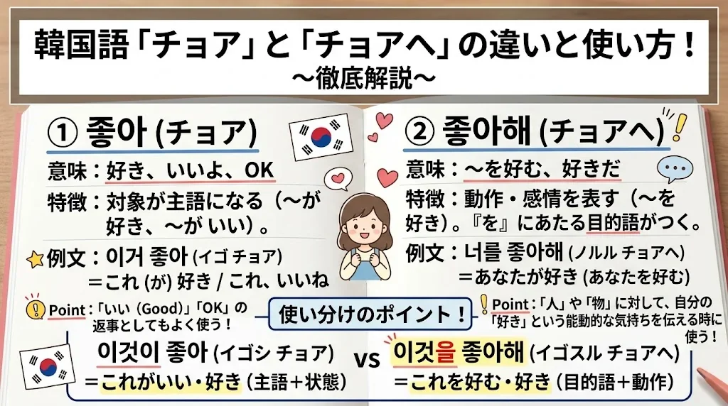 韓国語「チョア」と「チョアへ」の違いと使い方を徹底解説！の解説イメージ