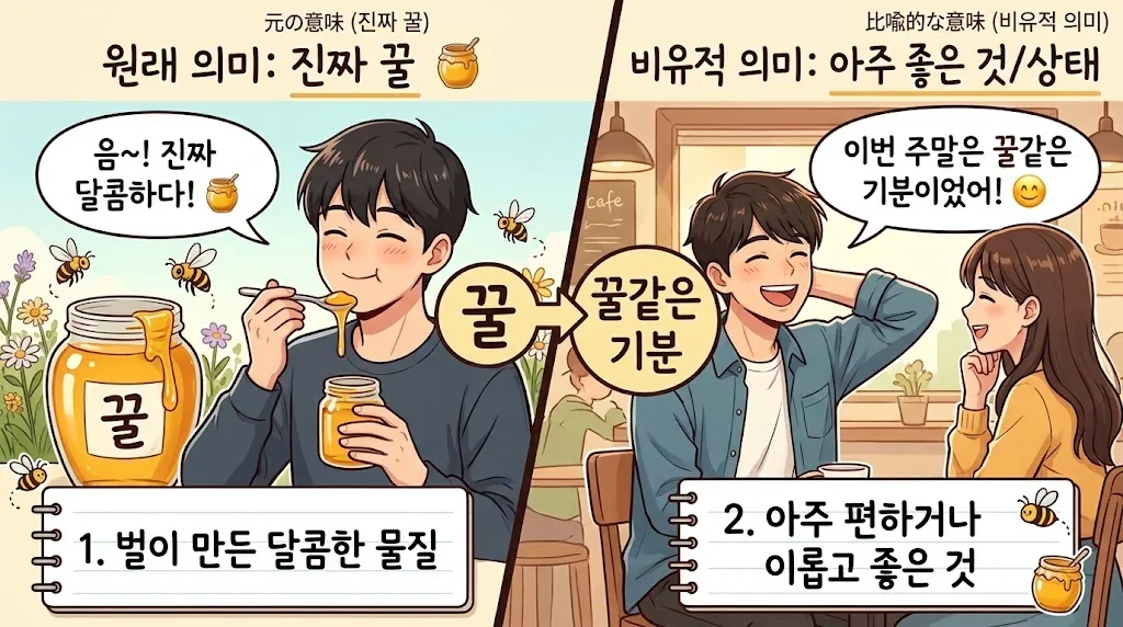 「꿀」の意味を示すイラスト。蜂蜜を楽しむ人と満足感を表現する人の対比。