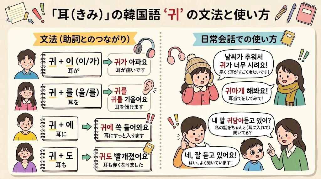 韓国語「耳」と助詞の接続を示す図解イラスト