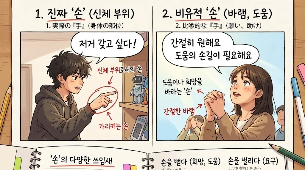 「손」の使い方の対比を示すイラスト