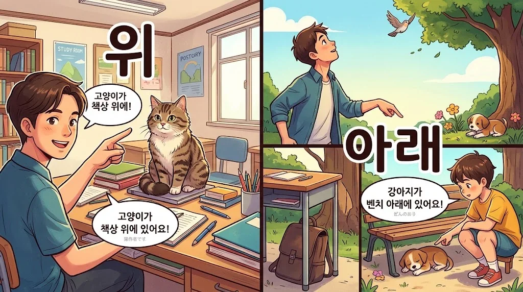 机の上の猫を指差す人と空を見上げる人の対比イラスト