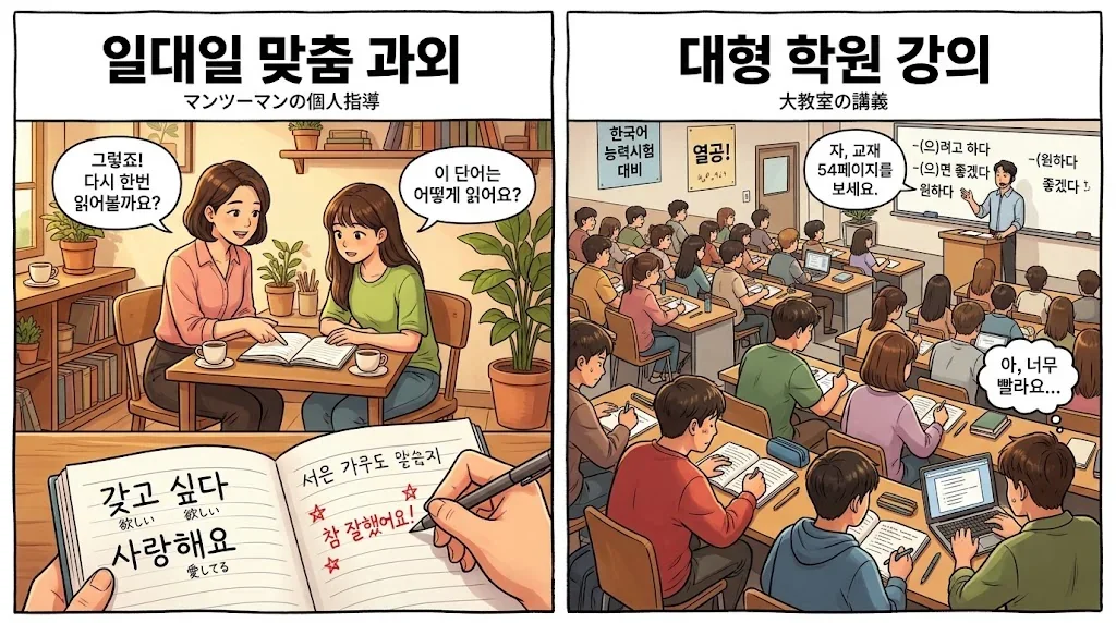 アットホームな教室と大人数の授業スタイルを対比したイラスト