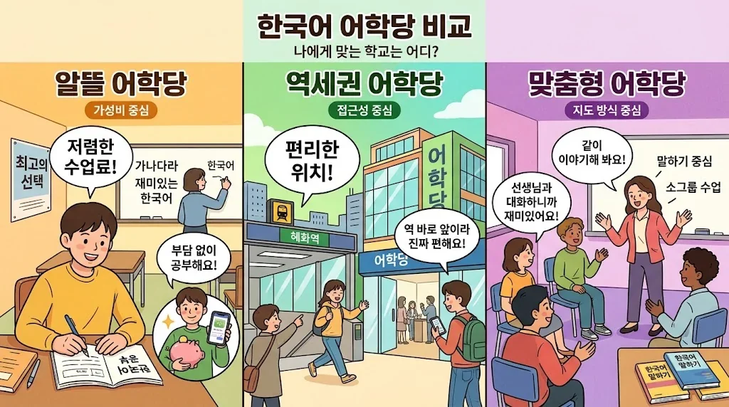 料金や通いやすさを比較した韓国語教室のイラスト