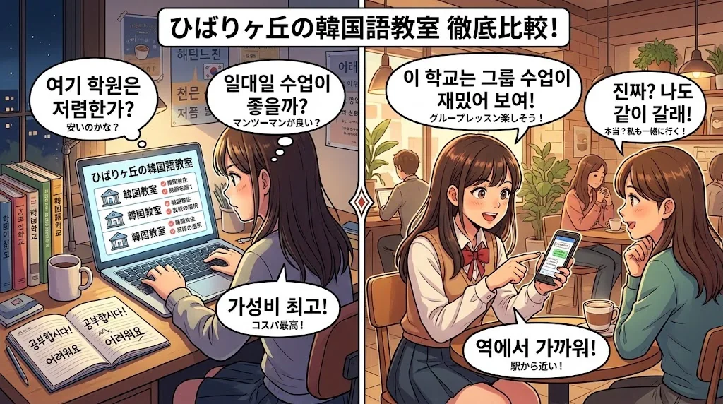ひばりヶ丘の韓国語教室の比較一覧を示すイラスト
