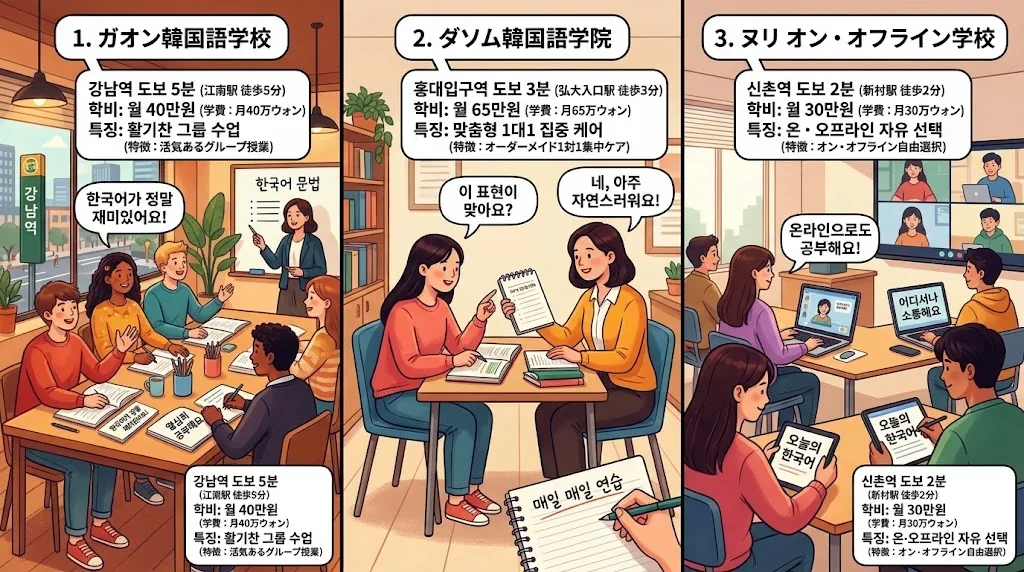 料金やアクセスを比較した韓国語教室のイラスト