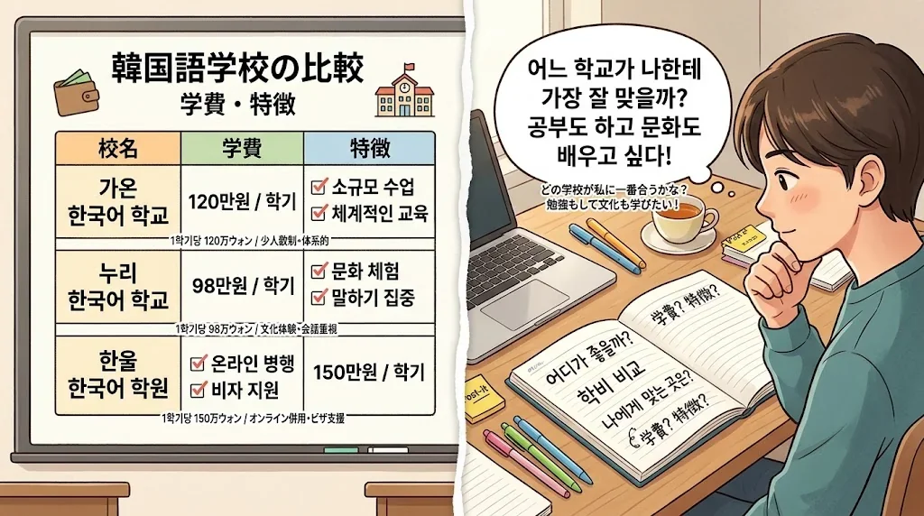 各韓国語教室の月謝や特徴を比較するイラスト