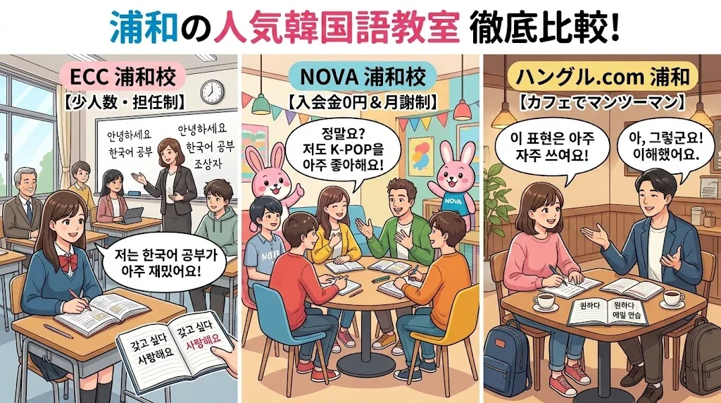 浦和の韓国語教室3校を比較したイラスト