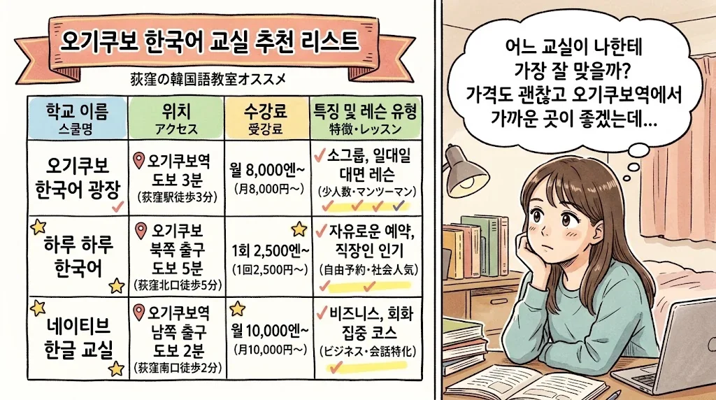 荻窪の韓国語教室の比較リストを見つめる学生のイラスト