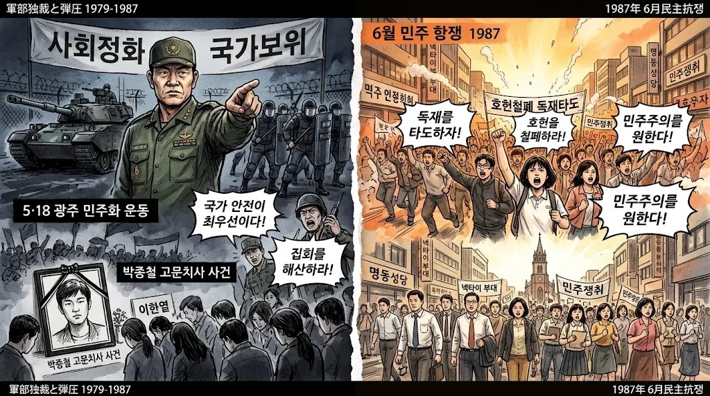 1987年の民主化闘争と抑圧体制の対比イラスト