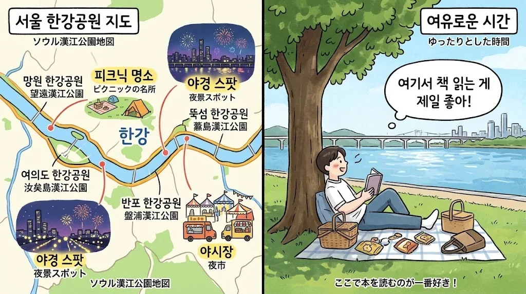 漢江公園の地図とピクニックスポットを示す対比イラスト