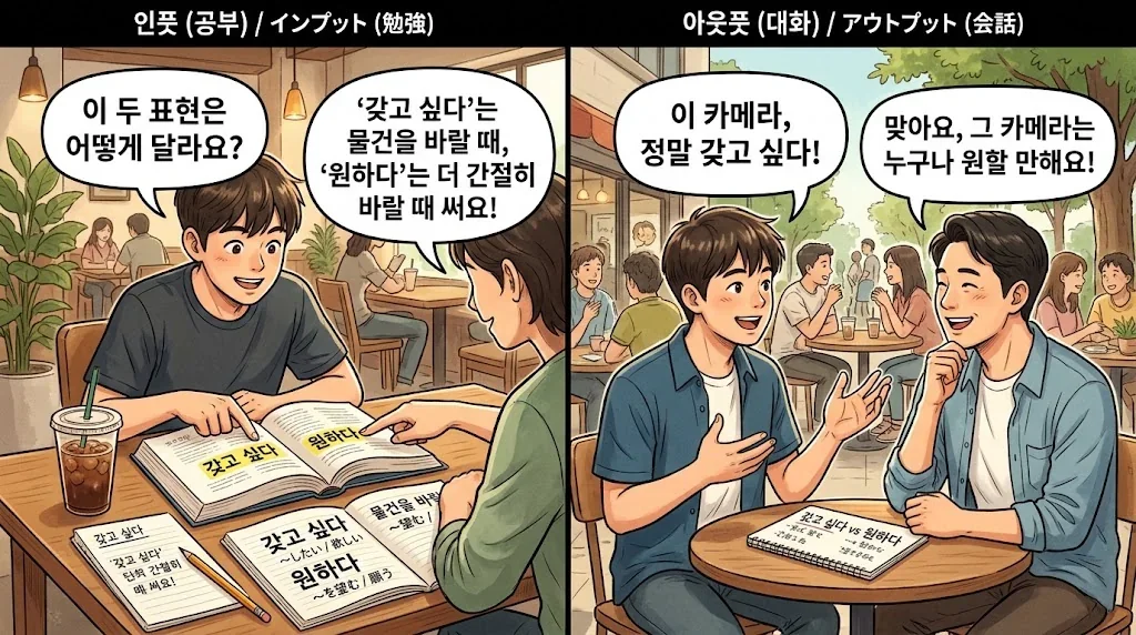 カフェで教科書を指差す学生とネイティブと会話練習する学生の対比イラスト