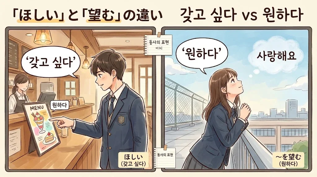 カフェのメニューを指差す学生と空を見上げる学生の対比イラスト